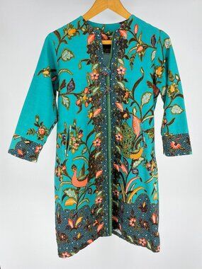 Reysha Batik Indonesian Peacock Floral Shift Dress Tunic Small